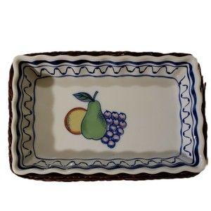 Single Serving Ceramic Platter w/ Orange, Pear & Grape Pic, In A Wicker Basket